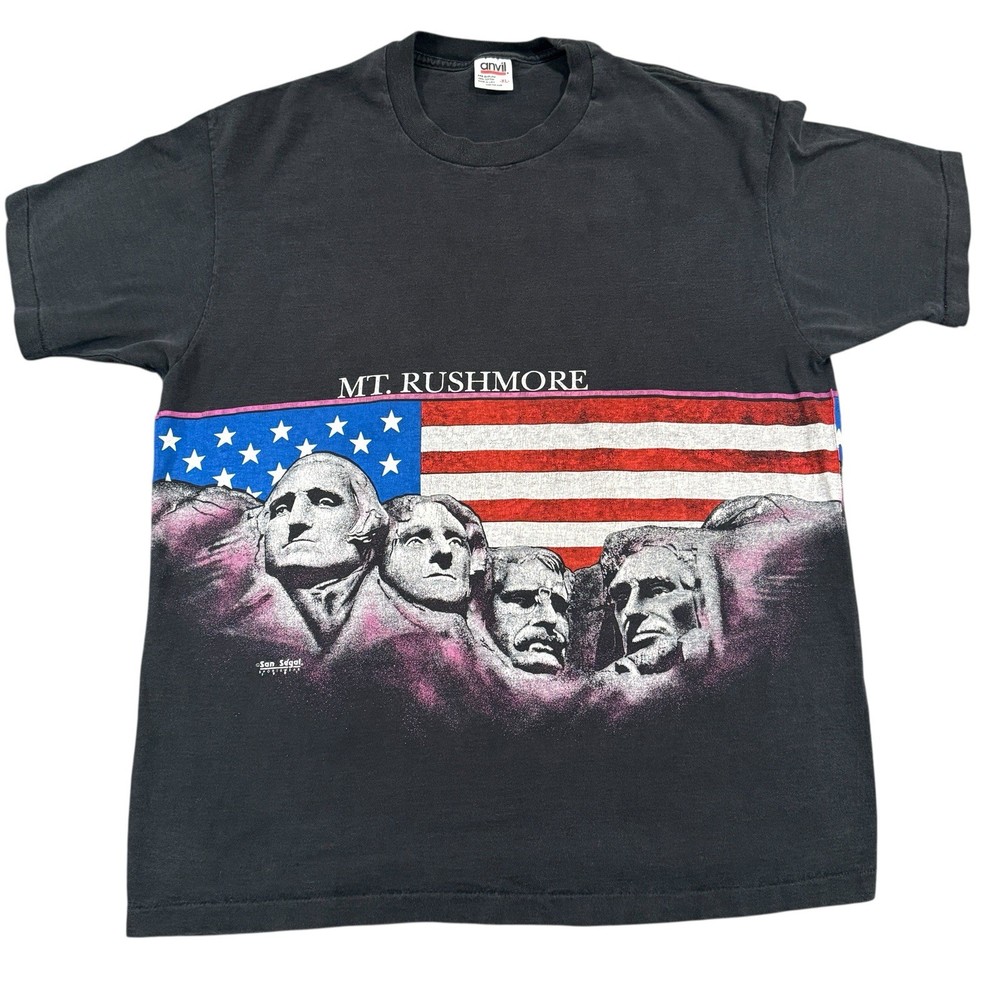 90s Mount Rushmore T-Shirt XL Black Faded Single Stitch Made USA Anvil Patriotic