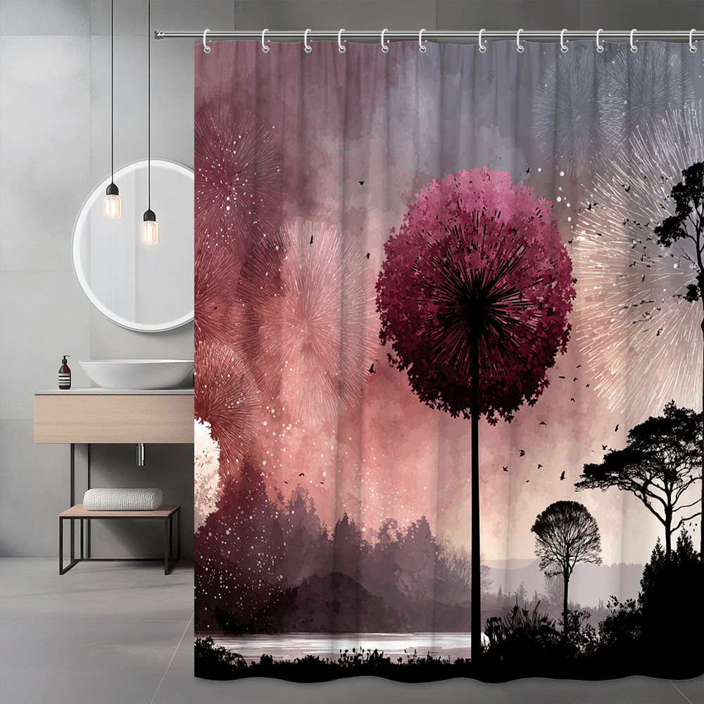 Pink Fireworks Forest Shower Curtain, Tree Silhouette Graphic