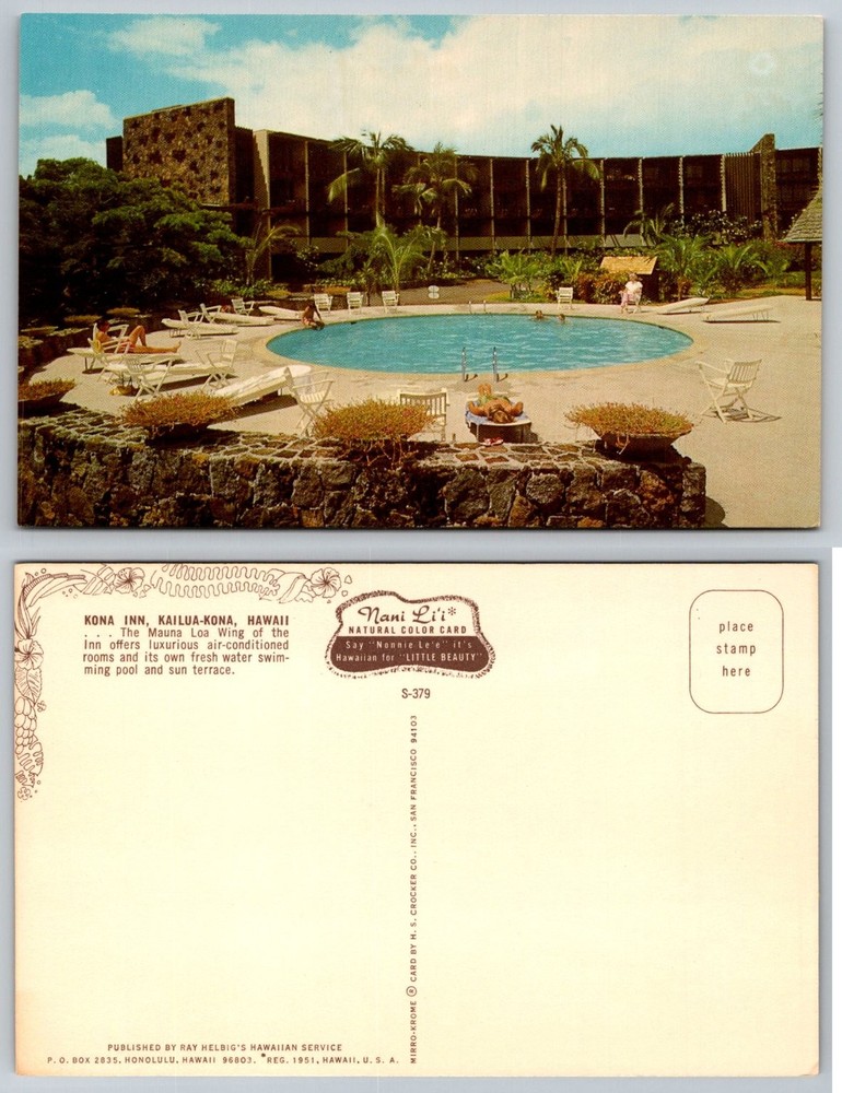 Vintage Kona Inn Kailua-Kona Hawaii Nani Li'i Mirro-Krome Postcard c1950s