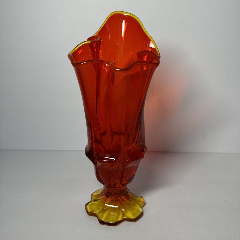 VINTAGE AMBERINA FENTON RED & YELLOW RUFFLED SMALL FIGURED VASE 8” 1960’s