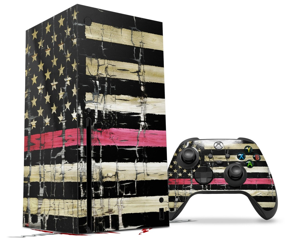 Skin Set for XBOX Series X Painted Faded and Cracked Pink Line USA American Flag