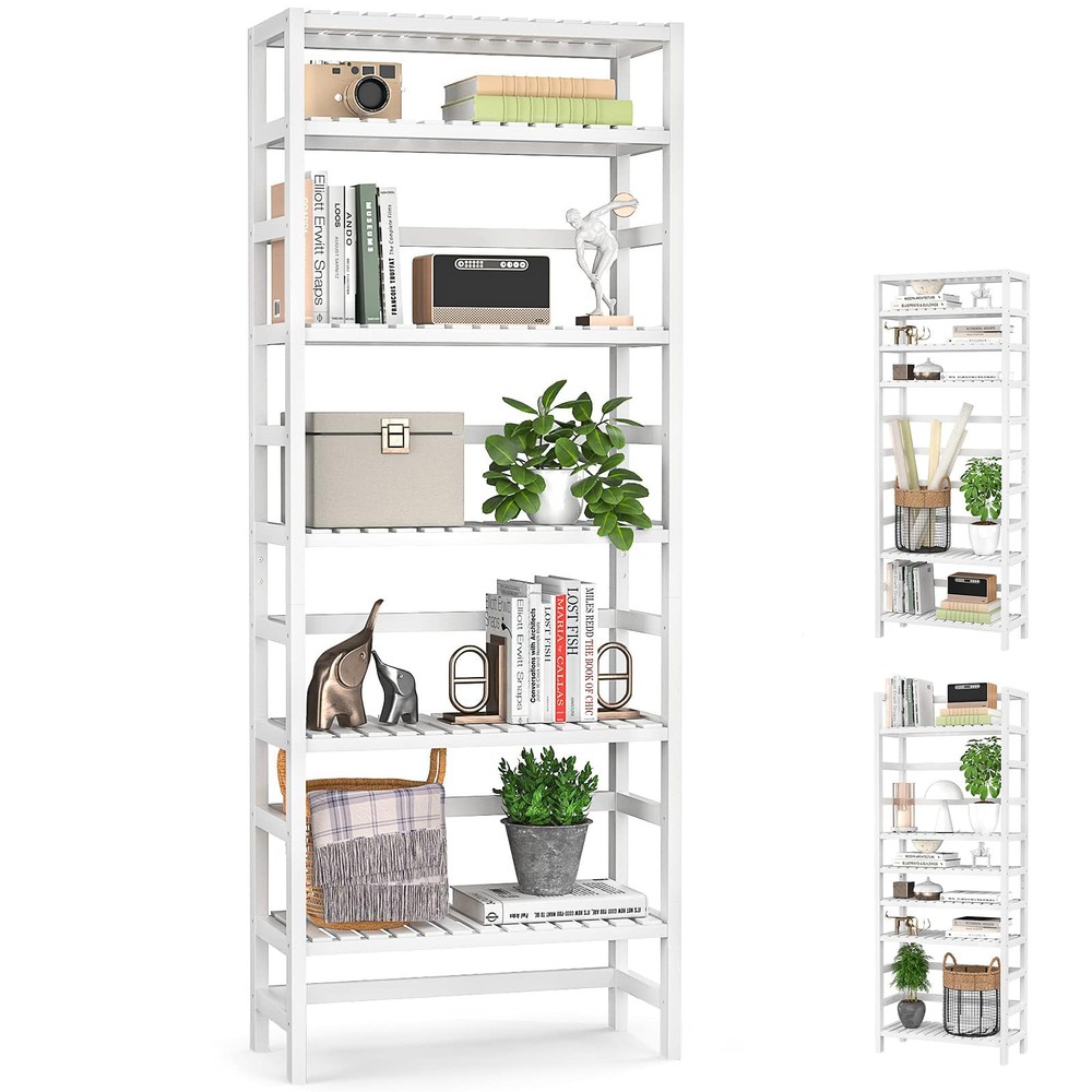 6-Tier Bamboo Bookshelves and Bookcases, Adjustable 63.4”Tall Shallow Book Sh...
