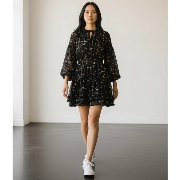 BuddyLove Printed Ruffle Mini Dress Black/Gold – S – Excellent Condition