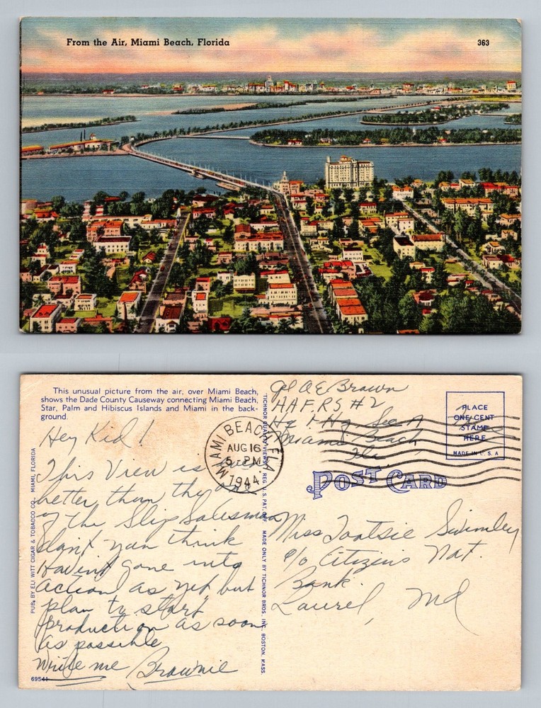 Miami Beach, FL-Florida, Aerial Causeway & Islands View Vintage c1944 Postcard