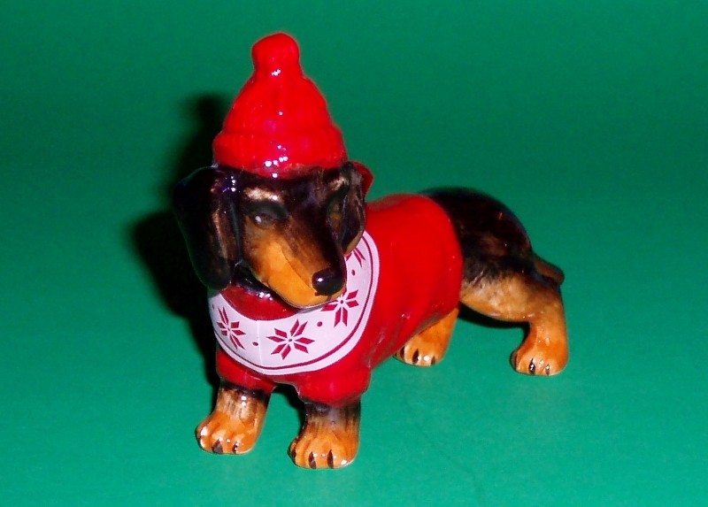 Black & Tan in Red Sweater & Hat Ceramic Dachshund Christmas Holiday Ornament