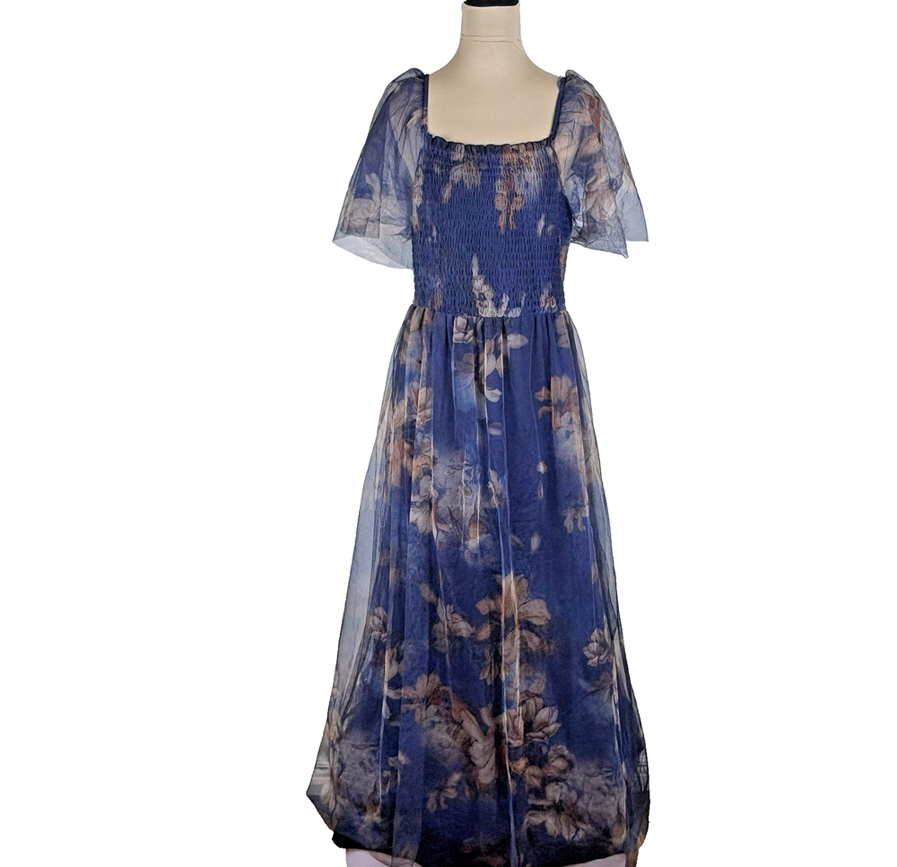 Baltic Born Cassandra Floral Tulle Maxi Dress Womens 1XL Blue Cottagecore NWT