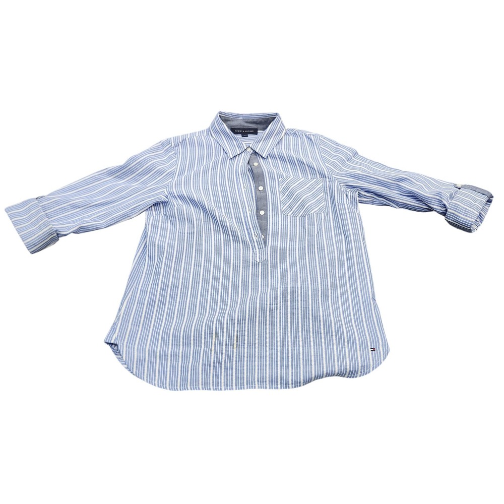 Tommy Hilfiger Shirt Womens M Blue Striped Button Up Long Sleeve Top Casual