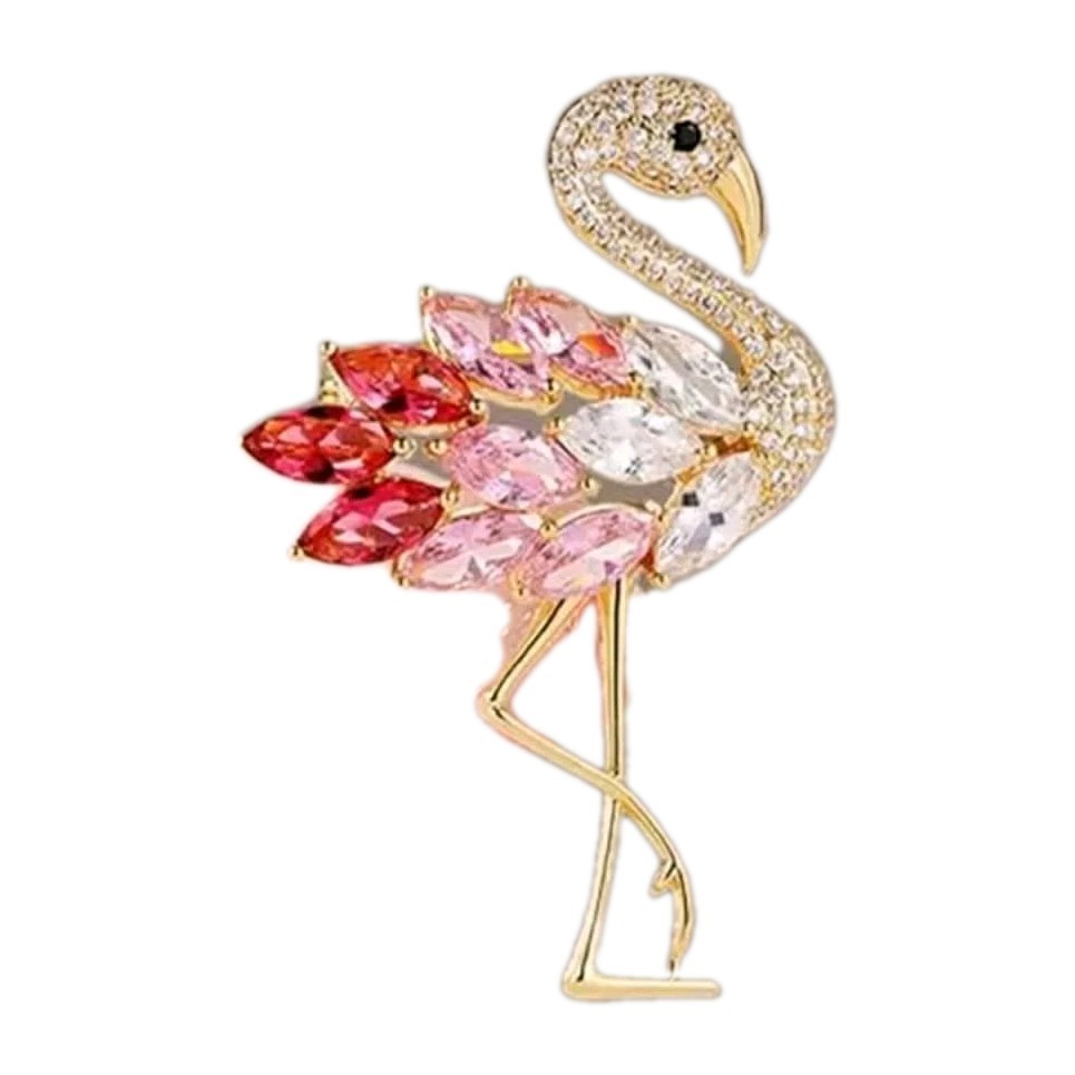 Flamingo Brooch Pink Crystals Gold Toned Tropical Bird Next Day Shipping