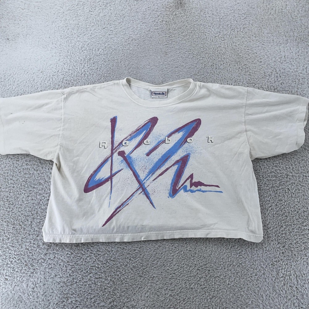 Vintage Reebok CROP TOP T-Shirt Large White Abstract Graphic Crewneck 90s-image