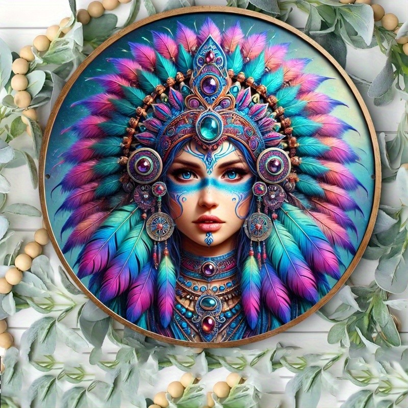 Indigenous Headwear Artwork Vintage Metal Plaque Round Aluminum