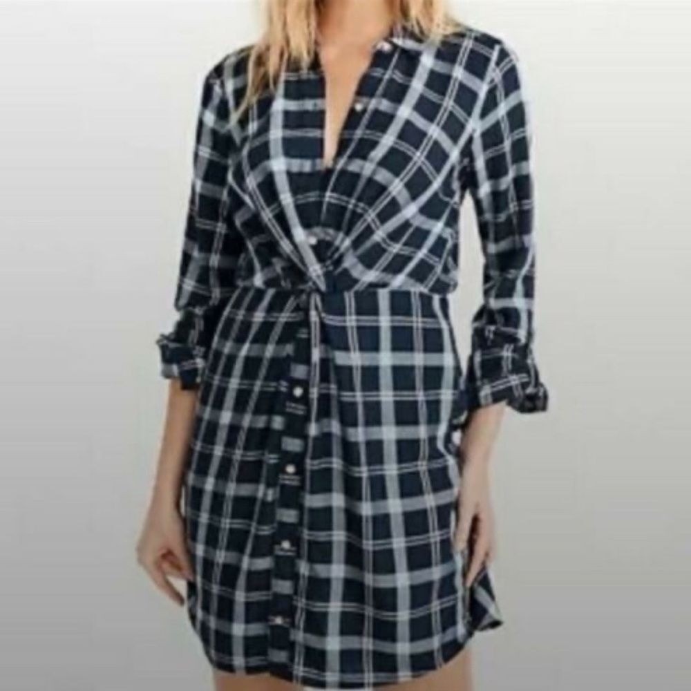 Abercrombie & Fitch Plaid Shirt Dress Navy White Small