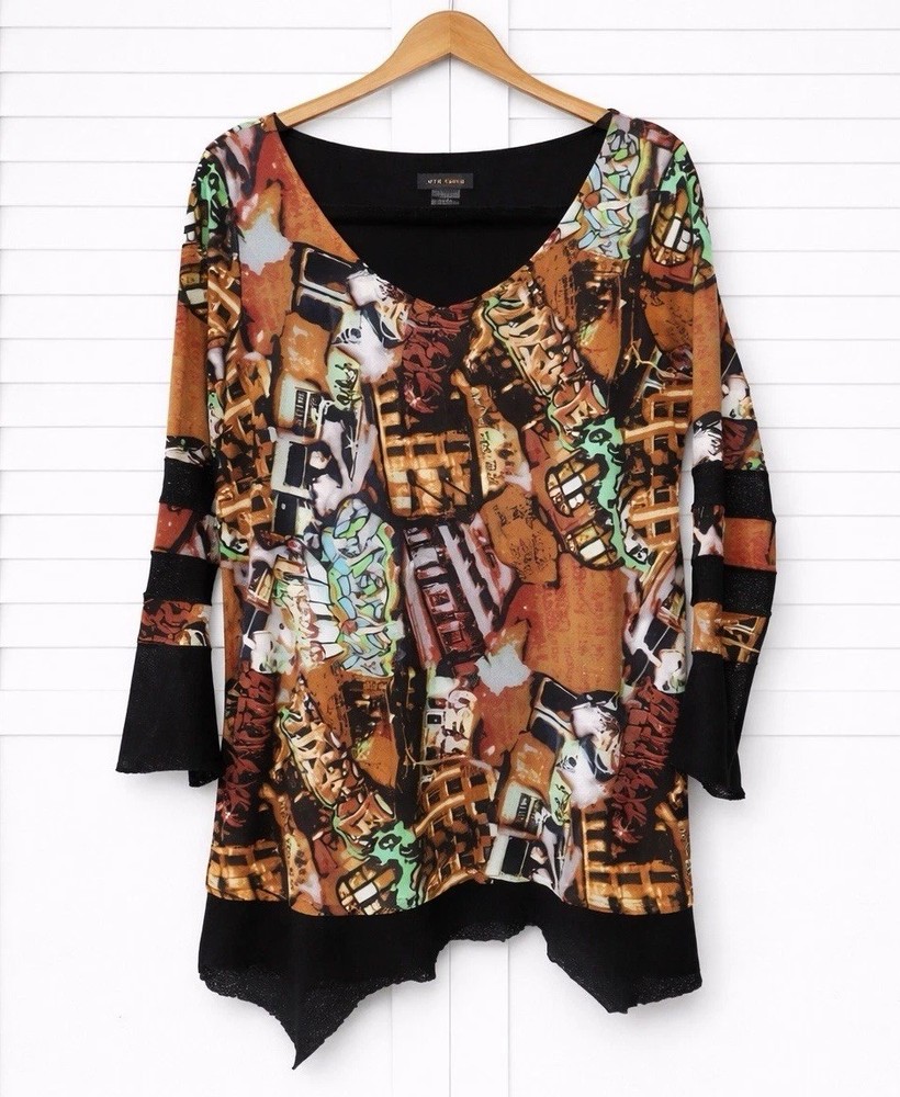 Eva Varro Abstract Graffiti City Print Mesh Sleeve Tunic Top Blouse Large Artsy-image