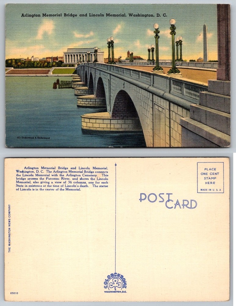 Arlington Memorial Bridge Lincoln Memorial Washington DC Linen Postcard