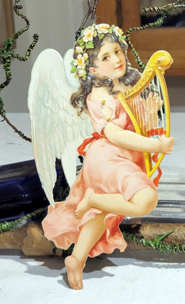 Angel, crowned with Flowers, playing Harp.  Early 1900s German Die-cut for Orn