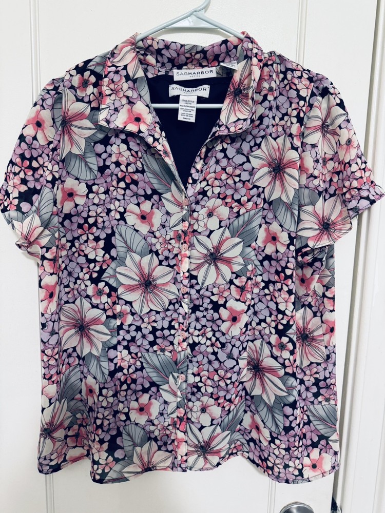 Sag Harbor women's short sleeve button up pink floral polyester blouse Petite XL