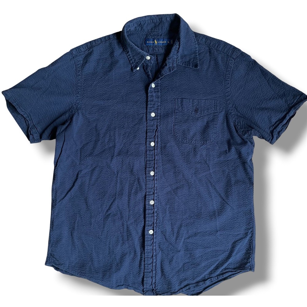 Ralph Lauren Mens Seersucker Short Sleeve Button Down Shirt Navy Blue Large
