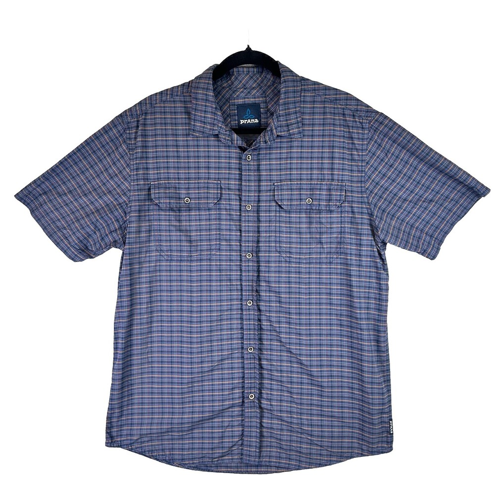 Prana Shirt Mens Large Blue Lightweight Button Up Short Sleeve Comfort Casual