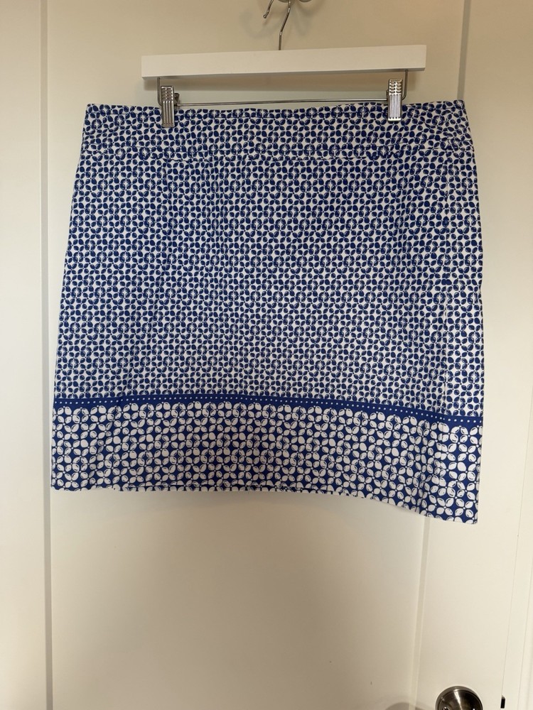 Talbots Blue White Print Stretch Cotton Skirt Women’s 12 14 Classic Knee Length