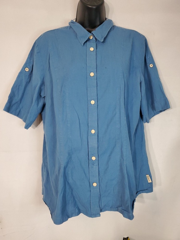 Vintage WOOLRICH Button-Up Shirt Women's Size XL Blue Short Sleeve Collared