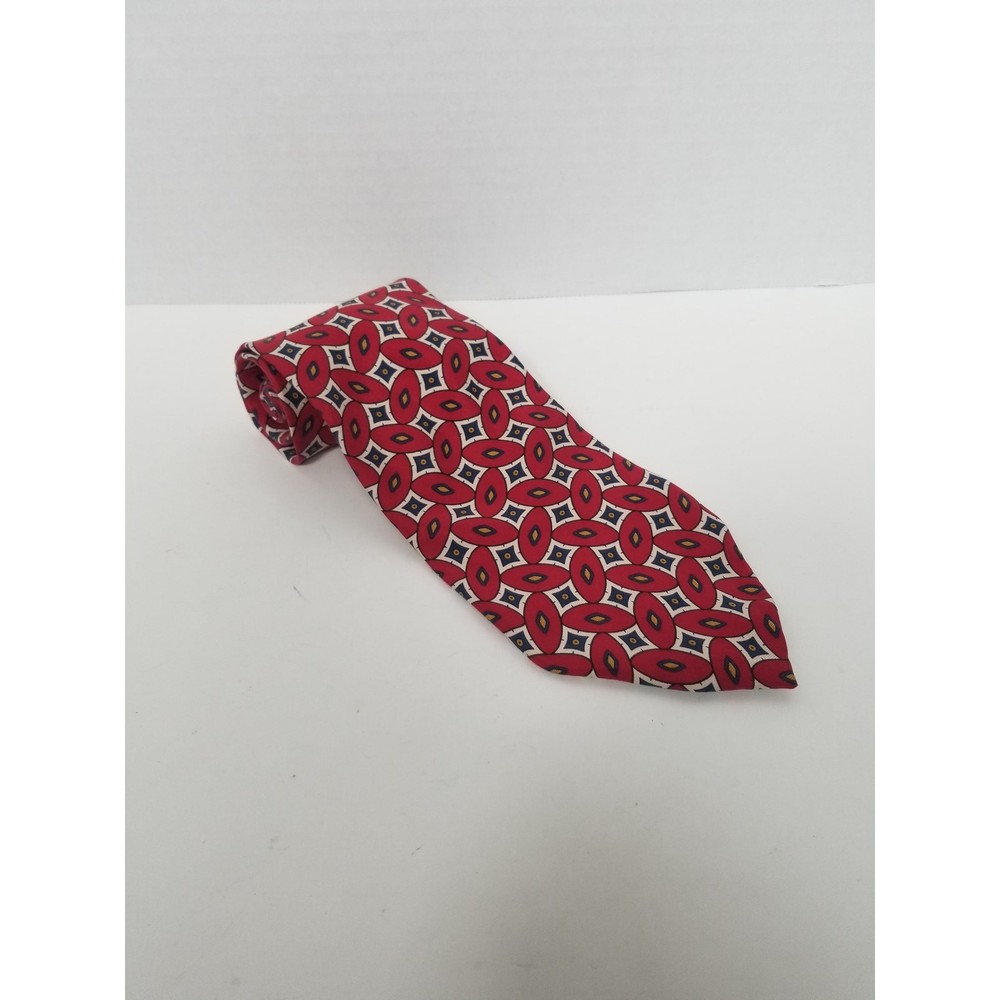 Kenneth Cole New York 100% Imported Silk Necktie Red Blue Geometric Vintage Mens