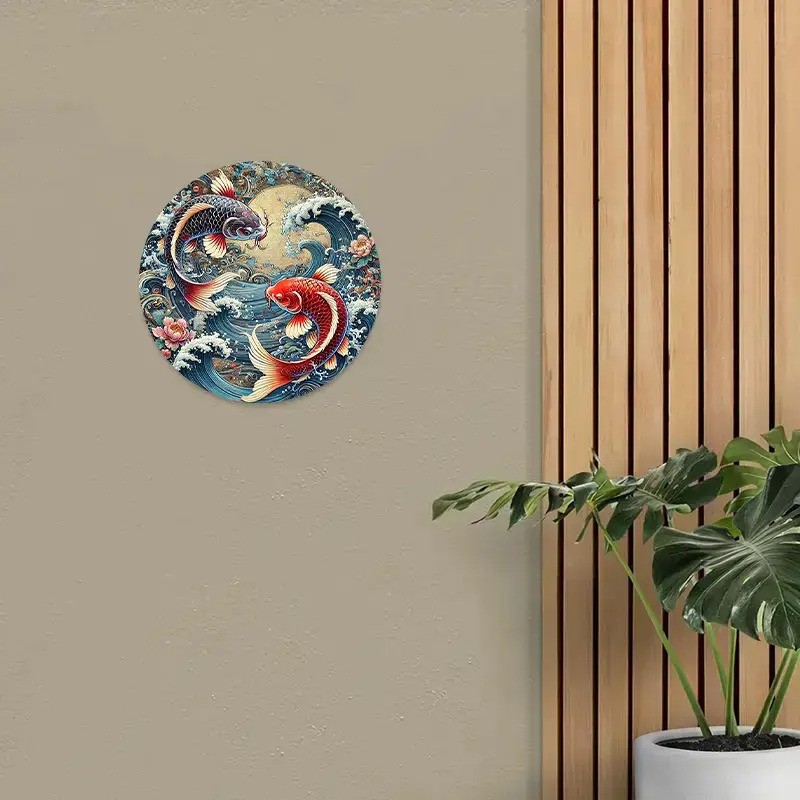 Japanese Koi Fish Moon Design Round Aluminum Wall Art Bar Decor