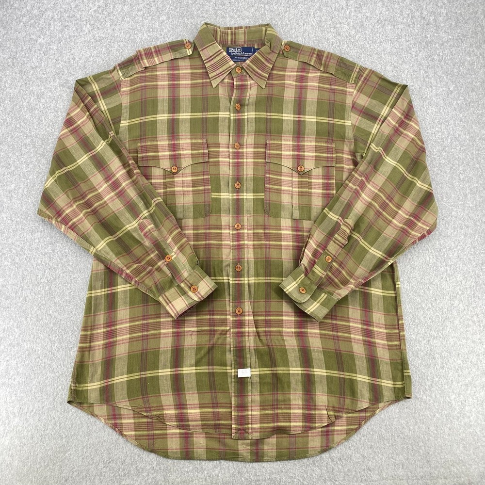Polo Ralph Lauren Shirt Men XL Madras Plaid Classic Dual Pockets Shoulder Strap