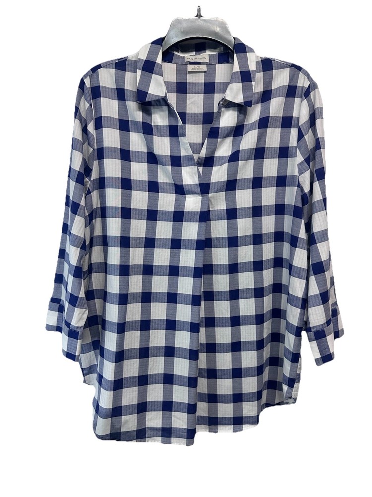 Van Heusen Women’s Blue & White Check Plaid Blouse Tunic Top 100% Cotton L
