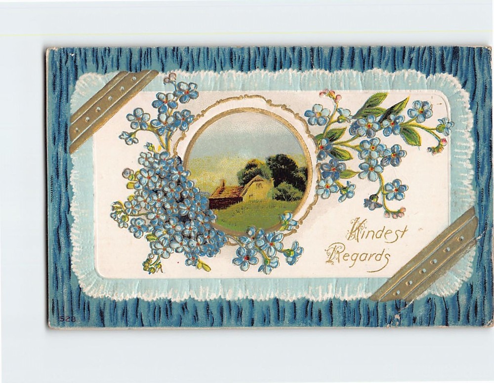 Postcard Embossed Vintage Postcard with Rural Scene And Flowers Design