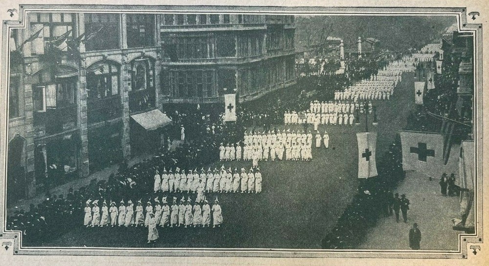 1917 Vintage WWI Illustration Red Cross Parade in New York City