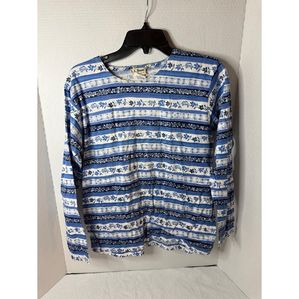 LL Bean Womens Blue Floral Striped Long Sleeve Shirt Medium Vintage Paper Tag