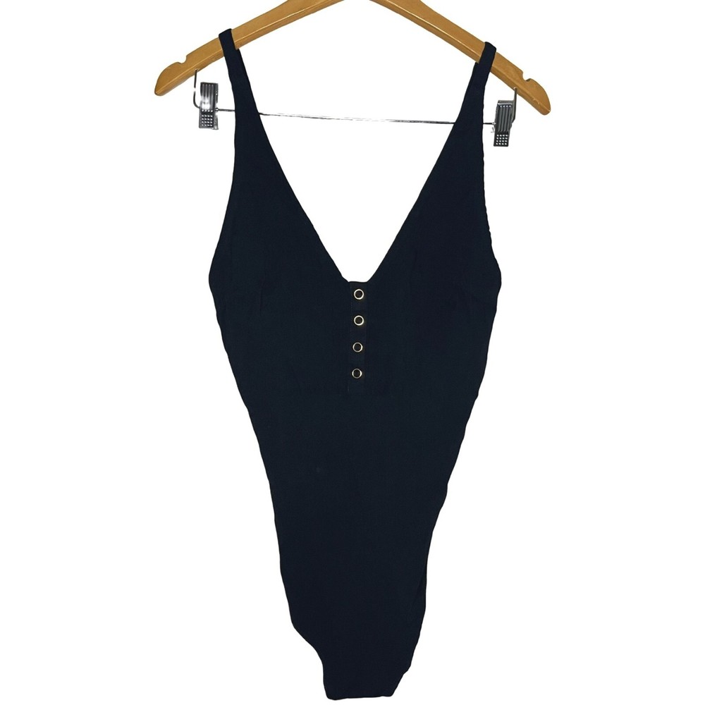 Intimately Free People Larissa Bodysuit Womens Medium Black V-Neck Snap Thong