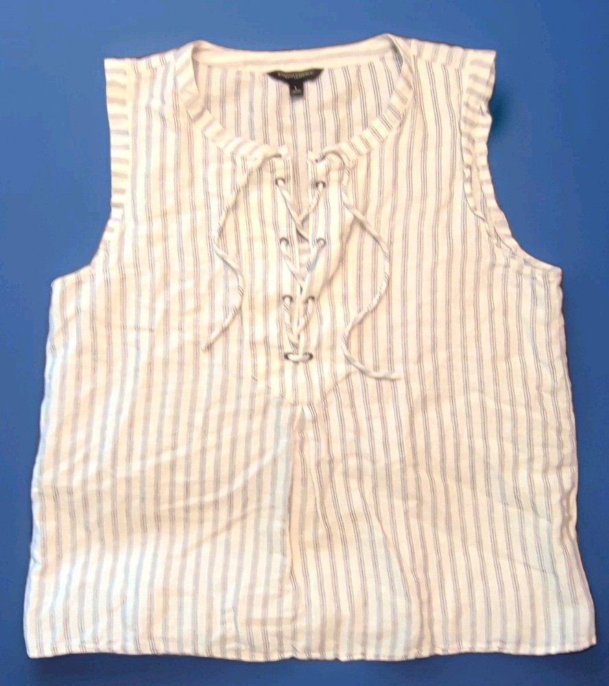Banana Republic Women's L White/Blue Striped Linen V-Neck Lace-Up Blouse