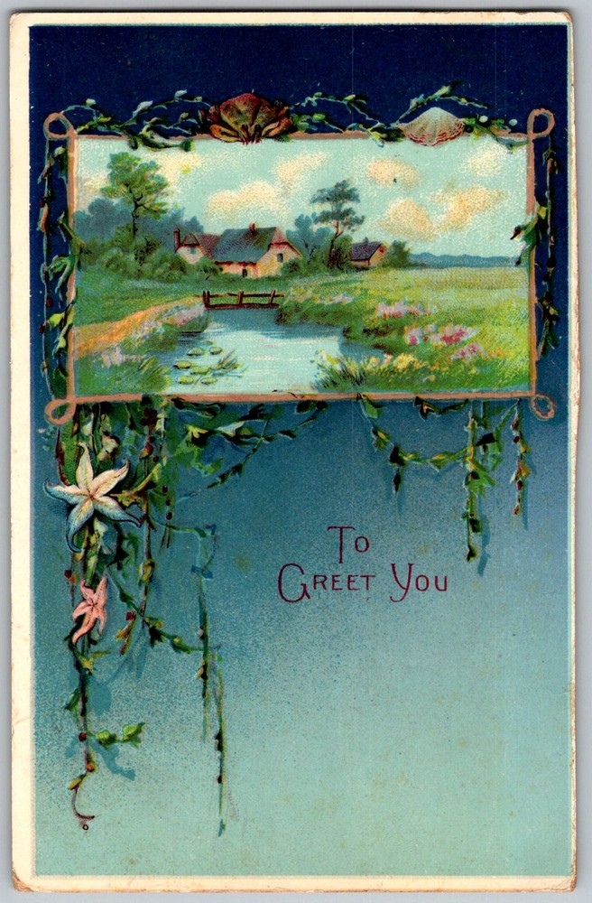 Antique Postcard Greet You Cottage Scene Springfield, OH 1910s