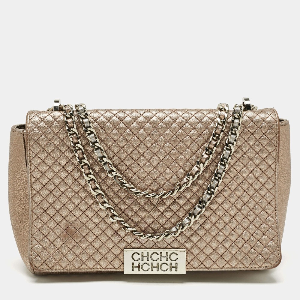 CH Carolina Herrera Rose Gold Quilted Leather Chain Flap Bag