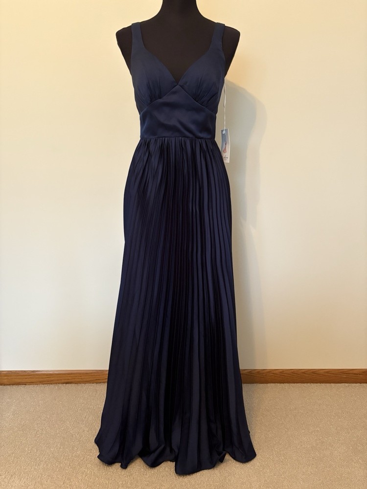 Navy Blue V Neck Tea Length Satin Wedding Guest/Bridesmaid Dress Size 2 NWT