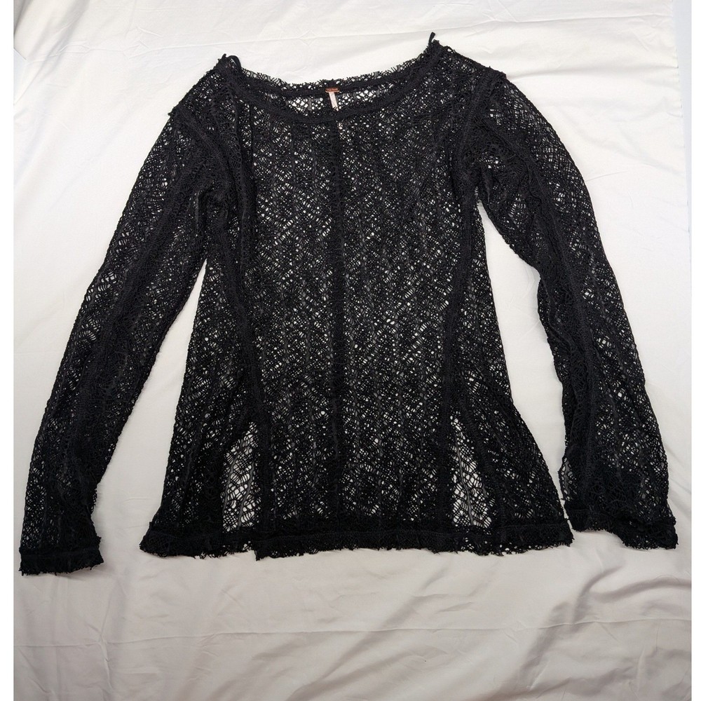 Free People Black Sheer Lace Long Sleeve Crochet Top Boho Blouse Small