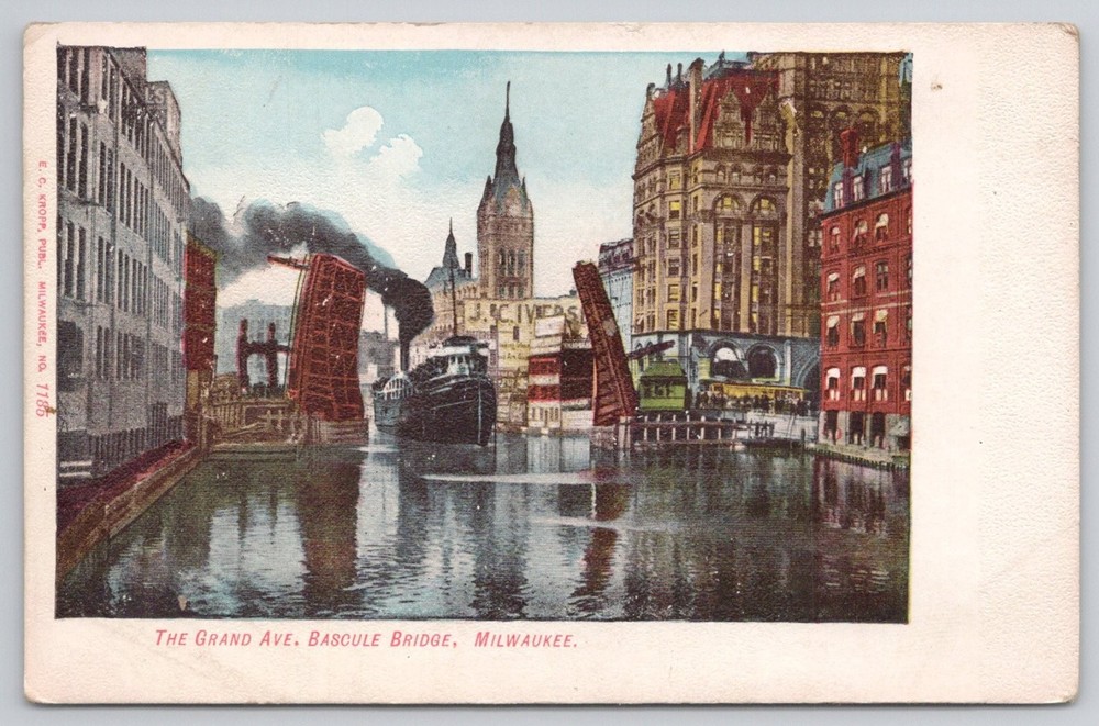 Vintage Milwaukee WI Grand Ave Bascule Bridge Postcard E.C. Kropp Litho