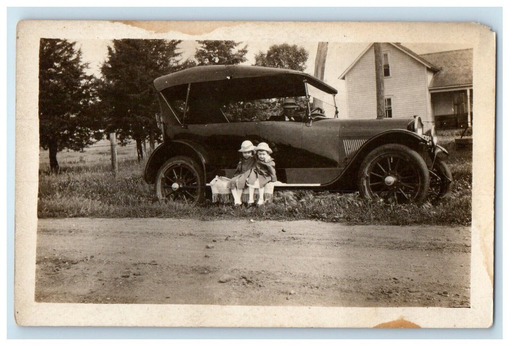 c1910's Antique Car Man Father Girls Sisters Daughters RPPC Photo Postcard