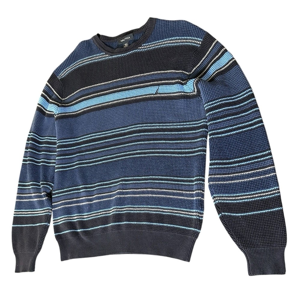 VTG Nautica Knit Preppy Sweater Men Sz Small Blue Striped Long Sleeve Chest Logo
