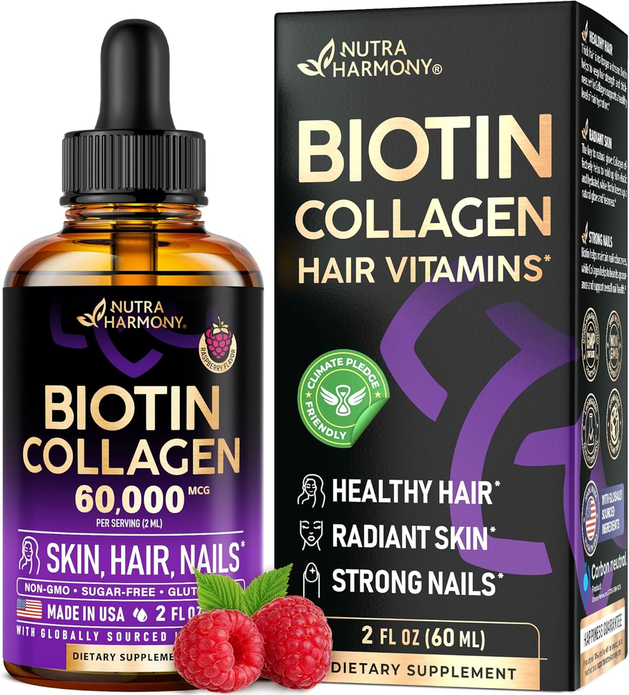 Liquid Biotin & Collagen Drops, 60000 Mcg - Hair & Skin Support