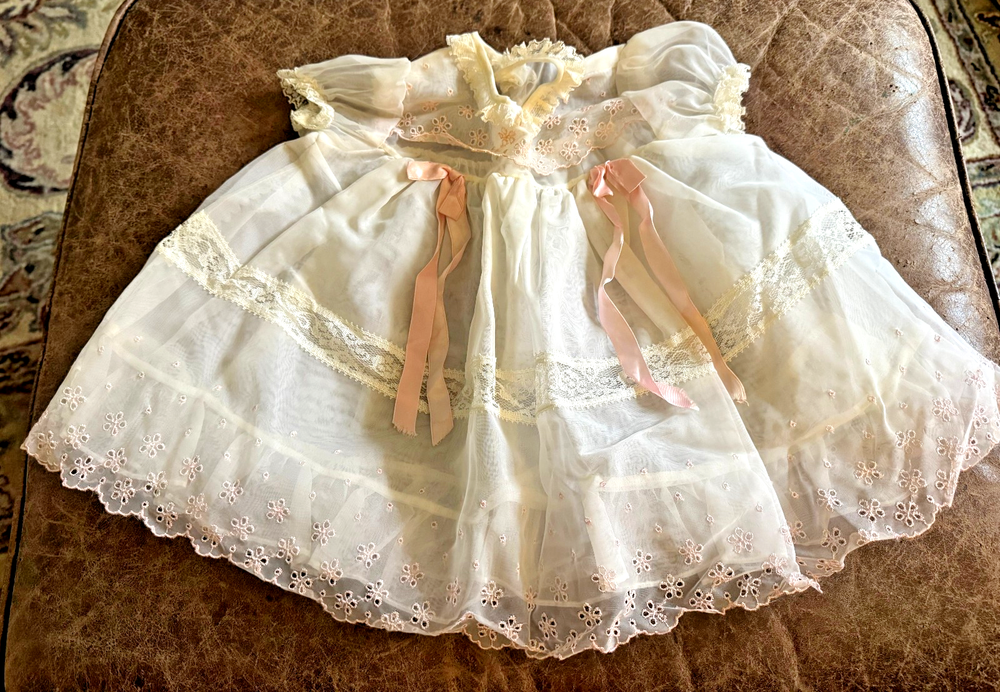 Vintage 60s Fancy Eyelet Lace Pastel Pink Sheer Voile Baby Toddler Dress 2 ?