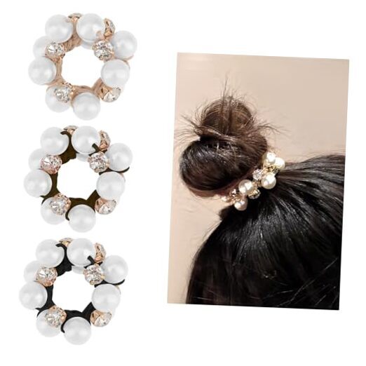 3Pcs Sparkly Crystal Bead Elastic Hair Ties with Pearl Design