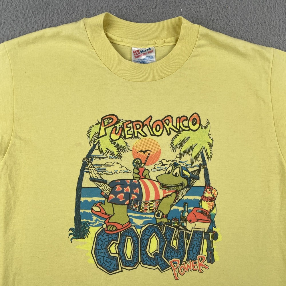 Vtg Hanes Medium Yellow Single Stitch Shirt Puerto Rico Coqui Power Made In USA