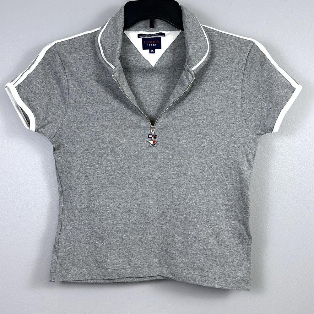 Vintage Tommy Jeans Tommy Hilfiger Crop Shirt Women's Medium Gray Zip V-Neck Y2K