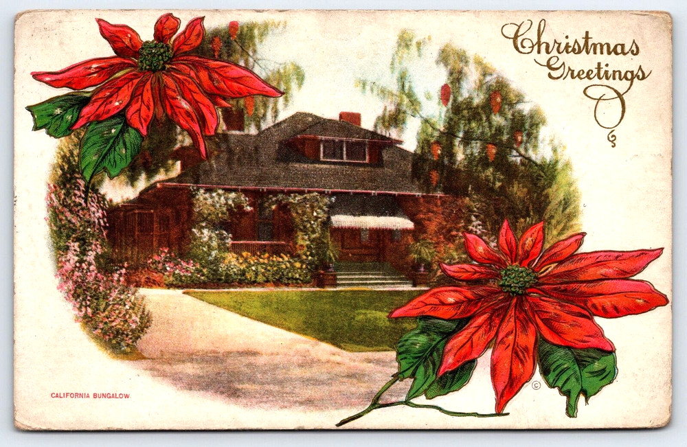Antique Vintage Postcard Christmas Holiday Greetings Poinsettias Home House 1912