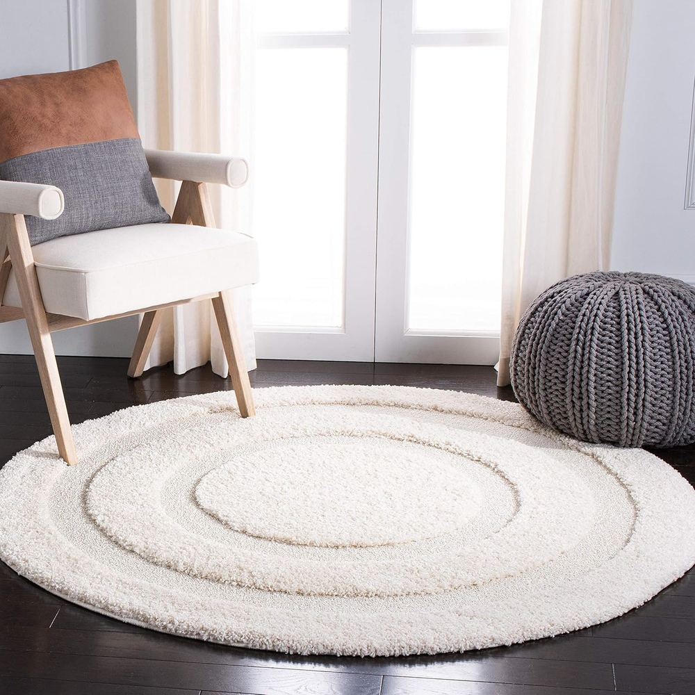 Florida Shag Round Rug 4ft Cream Border Design Non-Shedding Soft Plush