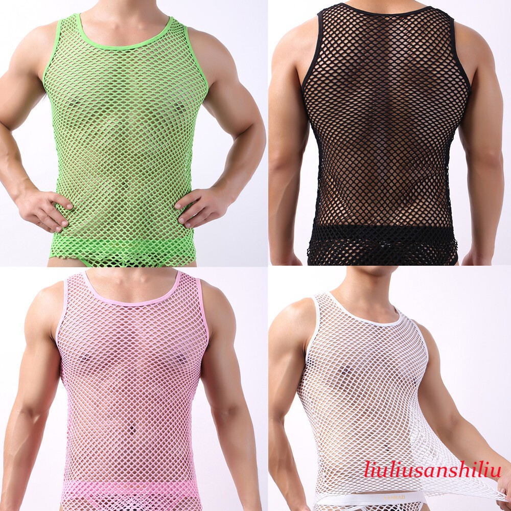 Men Lingerie Tank Top Mesh See Through Fishnet Vest T-Shirt Sleeveless Sport Top