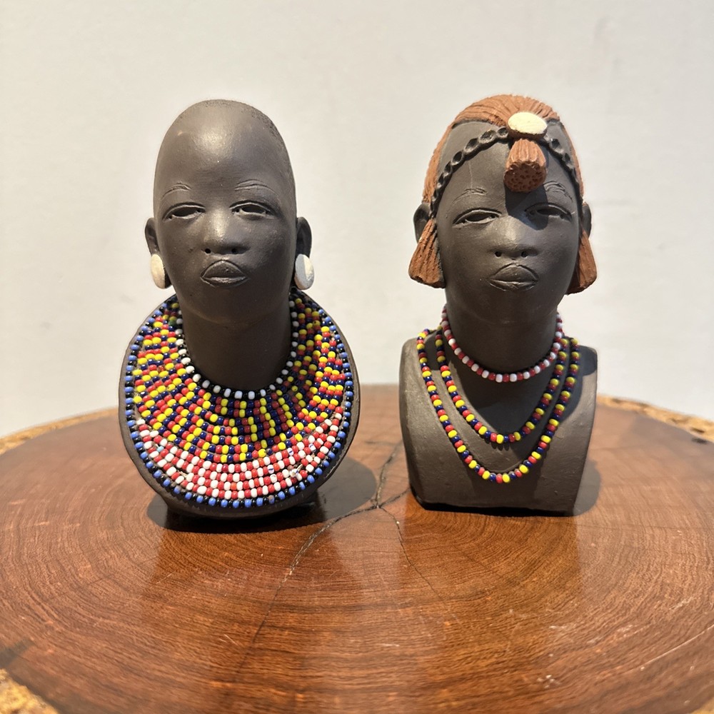 Pair African Massai Girl And Elder Handmade Clay Bust Sculpture Beaded