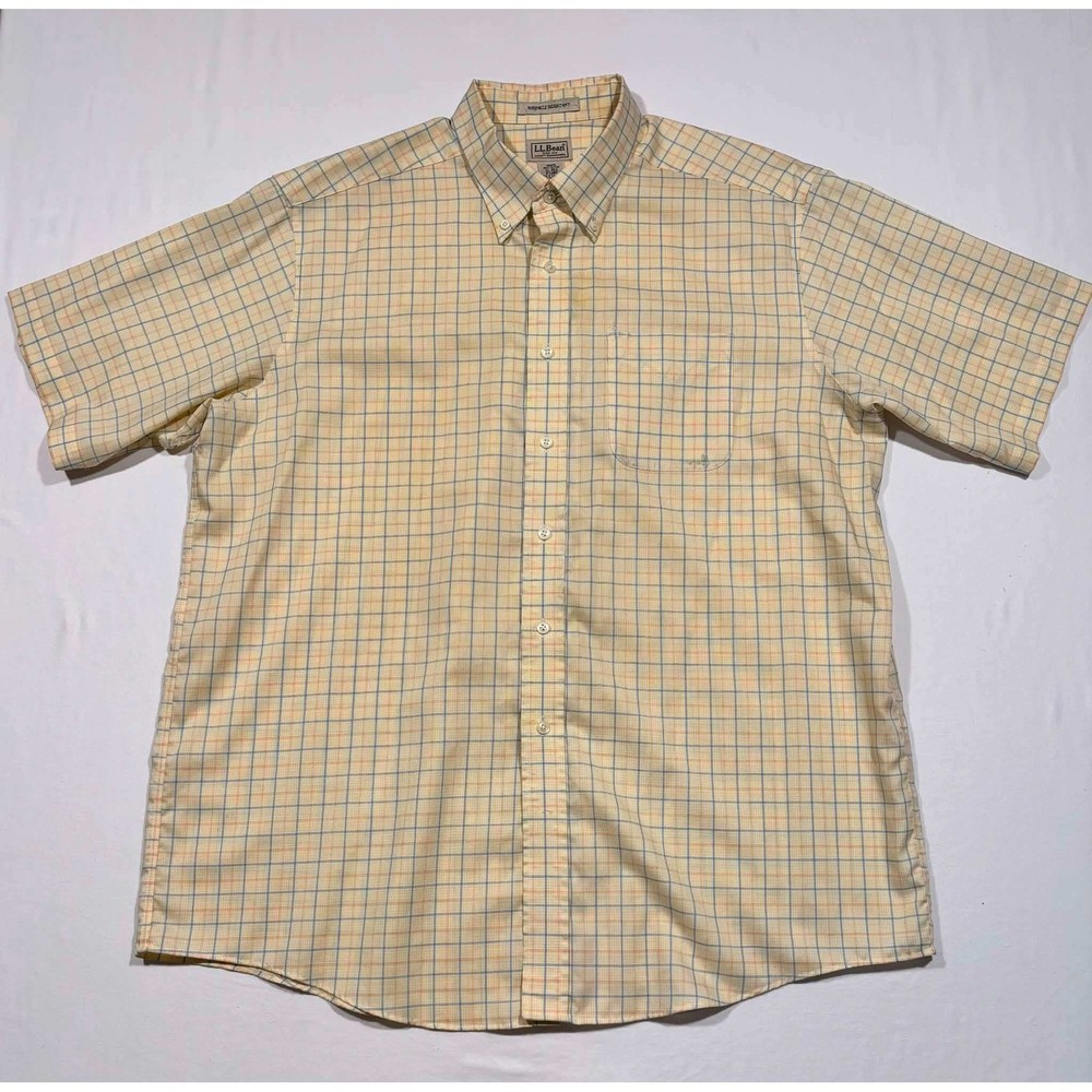 LL Bean Mens XL Short Sleeve Plaid Button Down Shirt Yellow Wrinkle Resistant