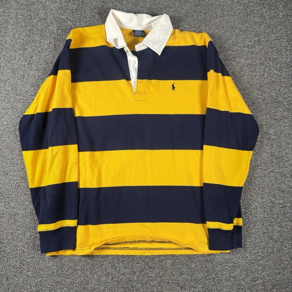 Vintage Polo Ralph Lauren Rugby Shirt Womens XL Yellow Navy Striped Made In USA